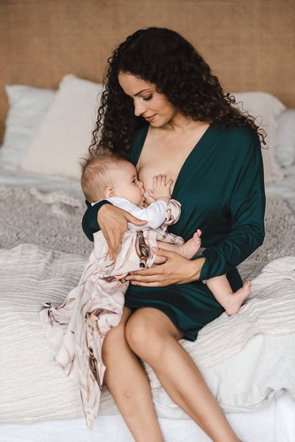 Bambusowa koszula nocna ciążowa i do karmienia długi rękaw Moon Milk&Love butelkowa zieleń