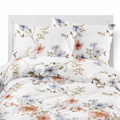 5635 A Detexpol Pastel Flowers biała w kwiaty morelowe i niebieskie pościel flanelowa bawełniana, miękka i przytulna