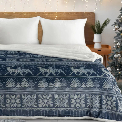 Narzuta świąteczna Eurofiranybiały granatowy– miękki koc z mikrofibry, ciepły i lekki