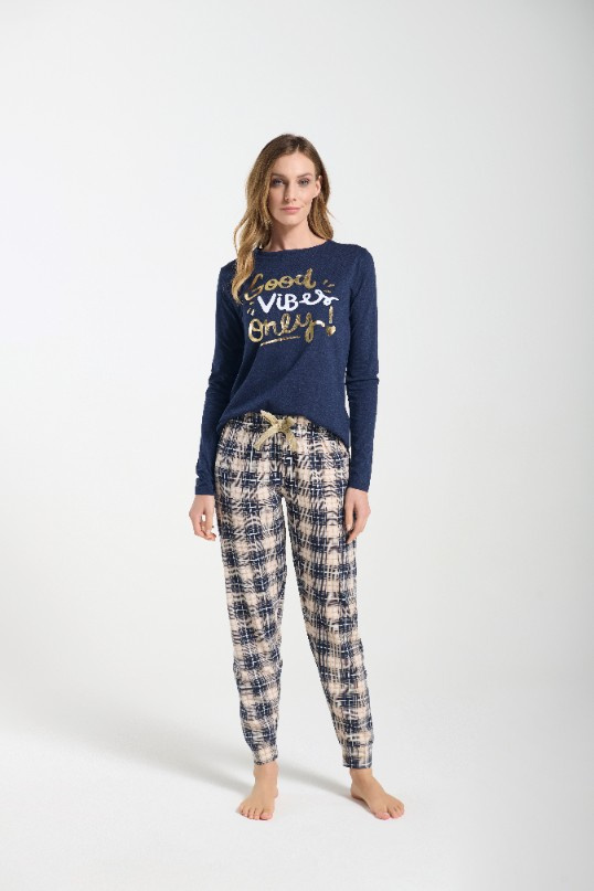 Bessy Sorbetto granatowa – damska piżama z jerseyu, ze złotym nadrukiem i spodniami w kratkę