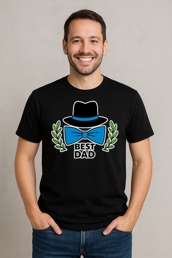Koszulka męska "Best dad z kapeluszem i muszką" Moocha czarny 
