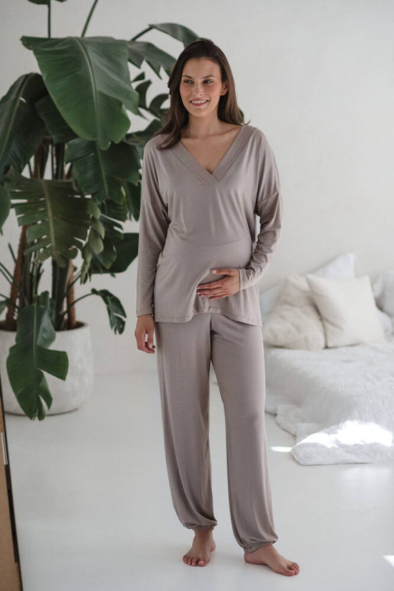 Bambusowe spodnie od piżamy ciążowej długie Moon Milk&Love beżowy
