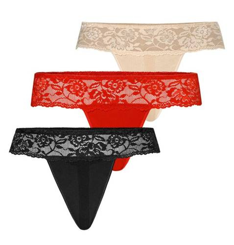 Wielopak Stringi damskie z koronką Comfo Teyli - czarne/czerwone/beżowe