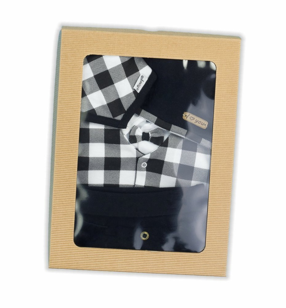 Komplet czapka, apaszka, body i spodnie 163353 "Bunny Kratka" Nicol - czarny/biały