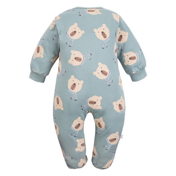 Bawełniany pajacyk niemowlęcy Eevi Beary Cool – szałwiowy, misie, ze stópkami