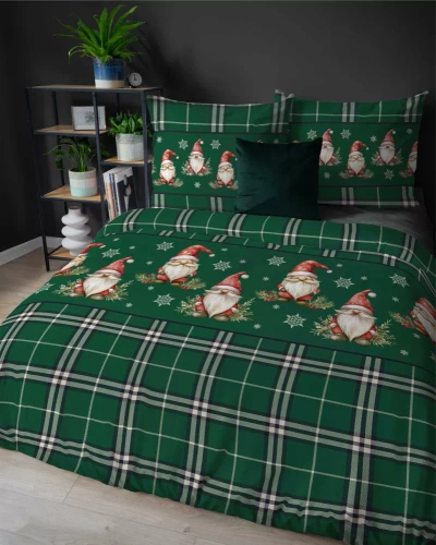 5622 B Magia Świąt Detexpol Pościel świąteczna flanelowa zielona w kratę ze skrzatami i śnieżynkami – bawełna 100%, certyfikat OEKO-TEX®