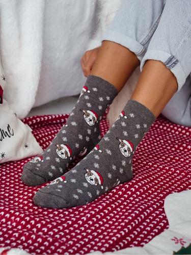 Milena 1283-039 – świąteczne skarpetki damskie z buldogami i płatkami śniegu, melanż ciemny