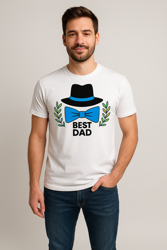 Koszulka męska "Best dad z kapeluszem i muszką" Moocha biały  