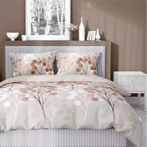 Pościel satynowa gałązki z okrągłymi liśćmi 5223 A Detexpol beżowy 