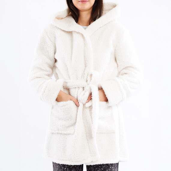 Igrid Sorbetto – szlafrok damski biały sherpa z kapturem misia i kieszeniami