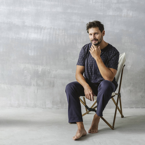 Piżama Męska krótki rękaw, długie spodnie Ricardo Italian Fashion - granatowy