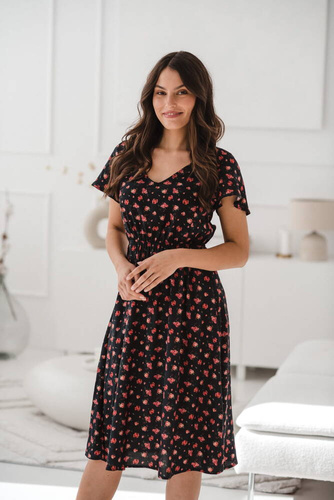 Sukienka ciążowa i do karmienia Lovely Dress Midi Milk&Love navy w różyczki