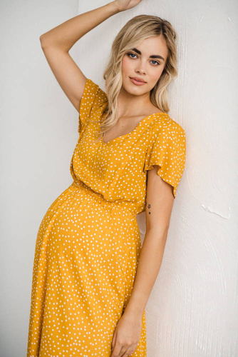 Sukienka ciążowa i do karmienia Lovely Dress Midi Milk&Love musztardowy w groszki