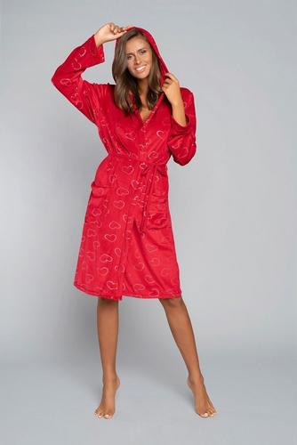 Szlafrok damski z kieszeniami Eliksir Italian Fashion - czerwony/druk 