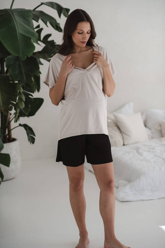 Bambusowa bluzka od piżamy ciążowej do karmienia krótki rękaw Moon Milk&Love jasny beżowy