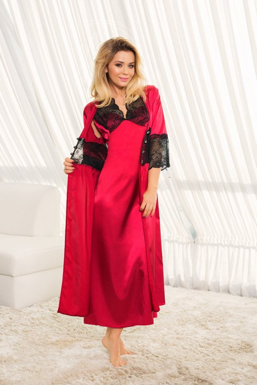 Kalimo Mactan – satynowa halka nocna z koronkowym dekoltem, bordowy