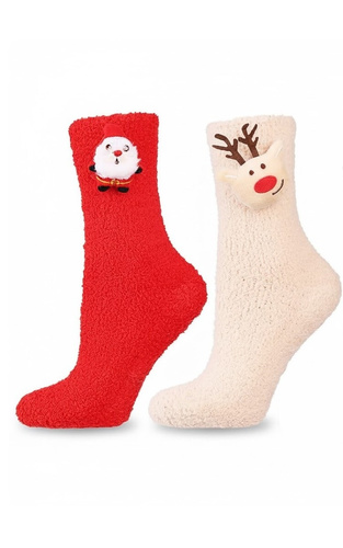 Skarpetki świąteczne Moraj CDC400-002 czerwony/beżowy– miękkie, ciepłe z aplikacją 3D i antypoślizgową podeszwą