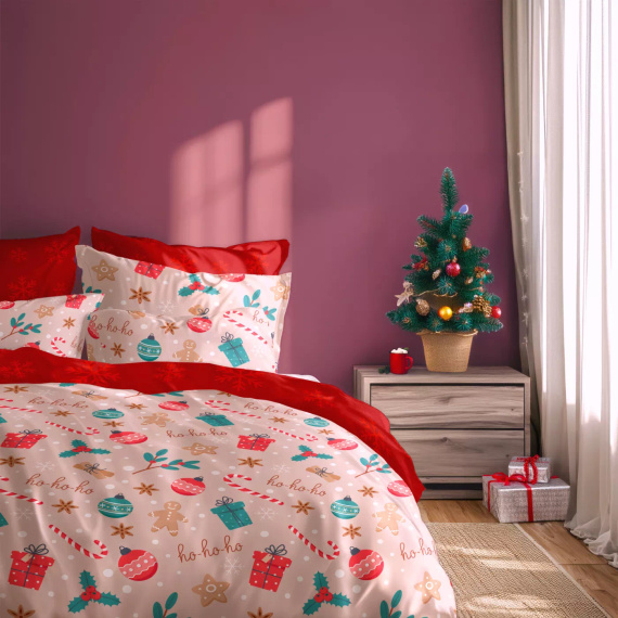 Scandic 082 Scandic Faro beżowo-czerwona z pierniczkami – pościel świąteczna dwustronna, bawełna 100%, komplet