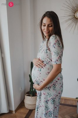 Two Ways LONG Sukienka do karmienia ciążowa krótki rękaw Milk&Love miętowa w magnolie i ptaki