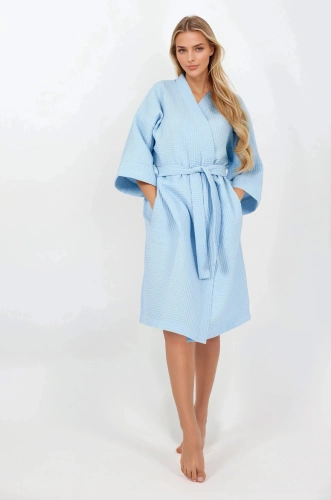 Szlafrok damski Blue Lady – 100% bawełna, rękaw 3/4, szerokie mankiety | Momenti Per Me