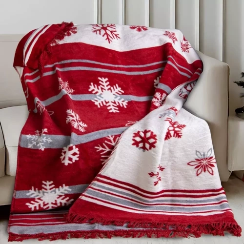 Koc świąteczny SP1554A płatki śniegu w paski Darymex czerwony