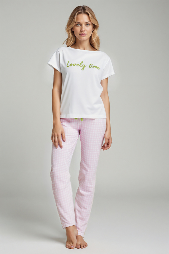 Dana Sorbetto różowa – bawełniana piżama damska z haftem i spodniami w kratkę