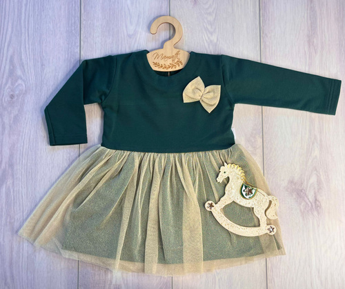 Sukienka dla dziewczynki SH03 Mamatti Merry Christmas – zielona ze złotym tiulem i długim rękawem