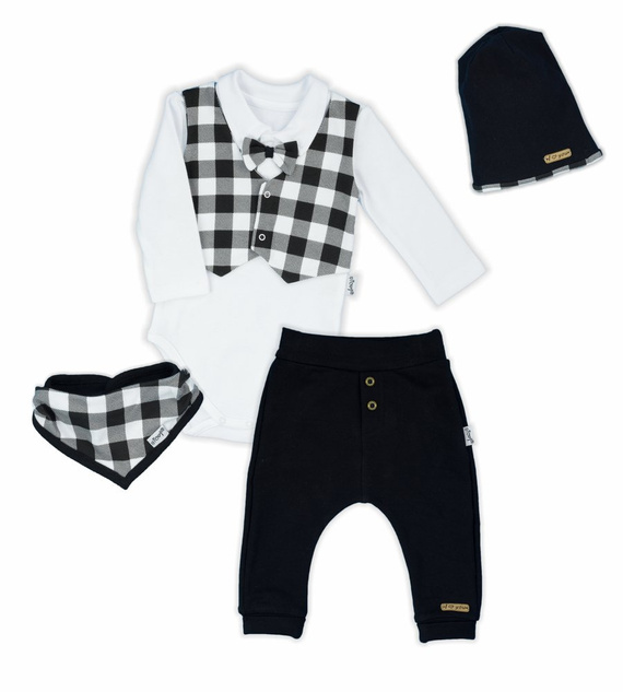 Komplet czapka, apaszka, body i spodnie 163353 "Bunny Kratka" Nicol - czarny/biały