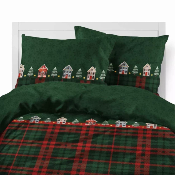 5619 B Magia Świąt Detexpol Pościel świąteczna flanelowa zielona w domki i kratę– bawełna 100%, certyfikat OEKO-TEX®