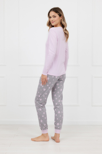 Bawełniana piżama damska Sara Italian Fashion różowa – komplet z długim rękawem i spodniami