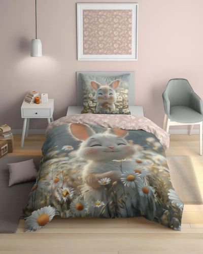 Pościel świecąca w ciemności 140x200 króliczek w kwiatach 5548 A Fluo 95 + poszewka 70x90 | 100% bawełna | Dla dzieci
