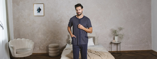 Piżama Męska krótki rękaw, długie spodnie Ricardo Italian Fashion - granatowy