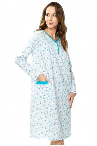 Koszula nocna 86565 Anna z rozpinanym dekoltem Mewa biały-turkus