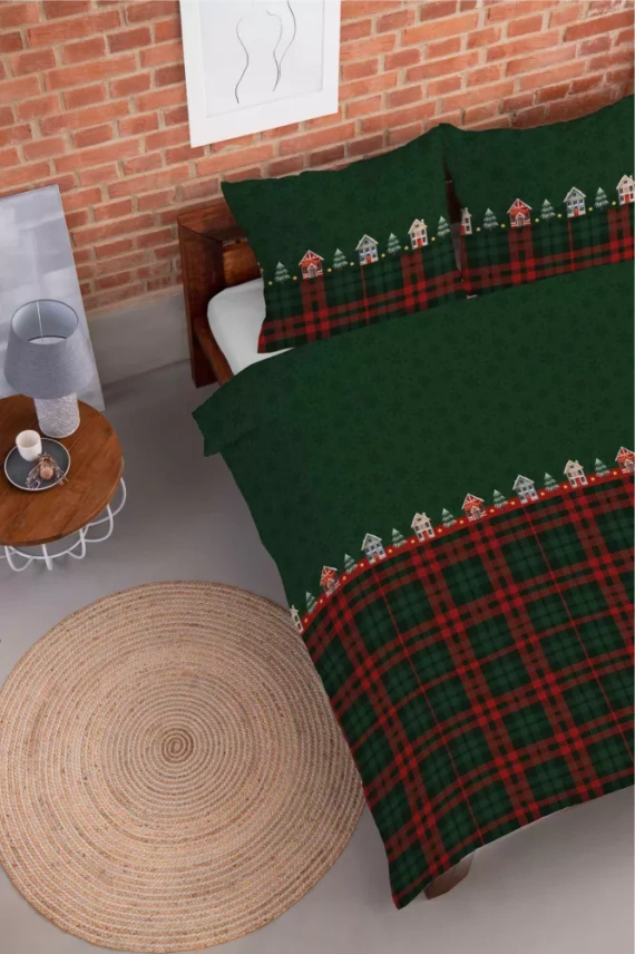 5619 B Magia Świąt Detexpol Pościel świąteczna flanelowa zielona w domki i kratę– bawełna 100%, certyfikat OEKO-TEX®