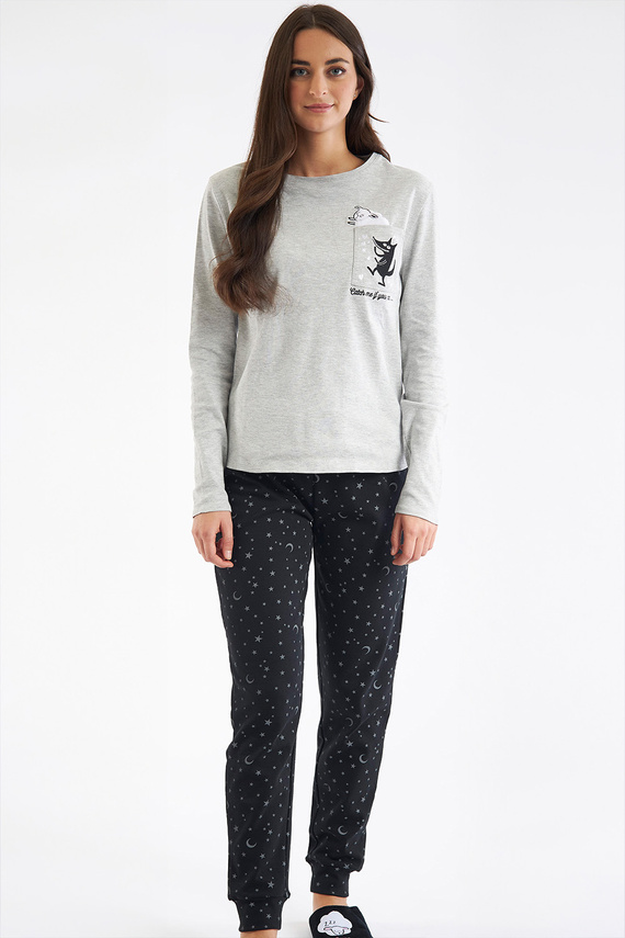 SHEARLY Sorbetto szara – piżama damska z bawełny, aplikacją 3D i wzorem w gwiazdki