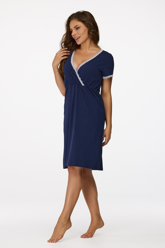 Senizo koszula nocna ciążowa no. 36 granatowy– bawełna, krótki rękaw, elegancka koronka