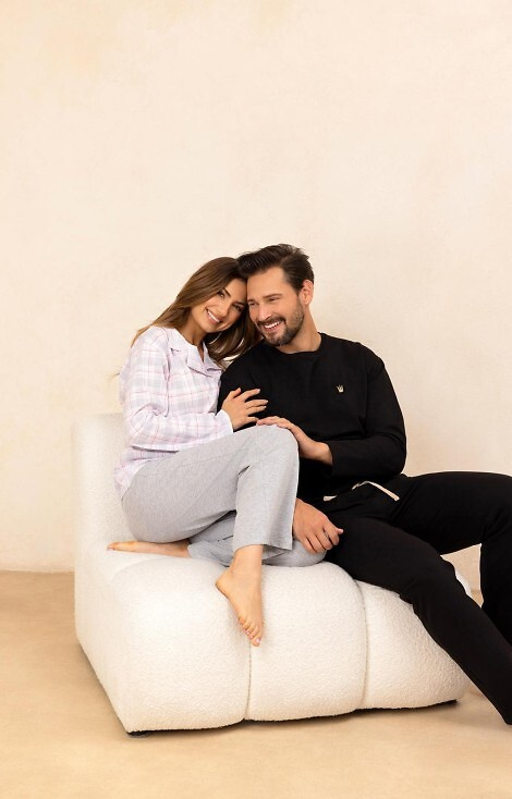 Regina 727 piżama damska szary – koszula w kratkę, spodnie długie, bawełna