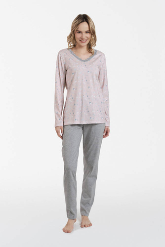 Piżama Damska długi rękaw, długie spodnie Simona Italian Fashion - druk/melanż