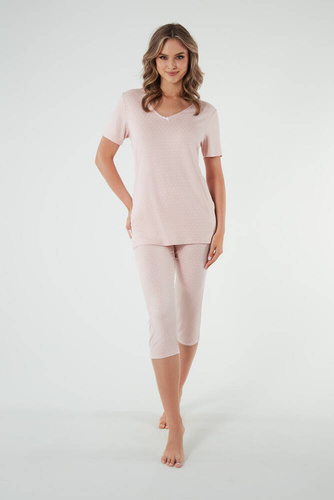 Piżama Damska krótki rękaw, 3/4 spodnie Puntini Italian Fashion - pudrowy róż 