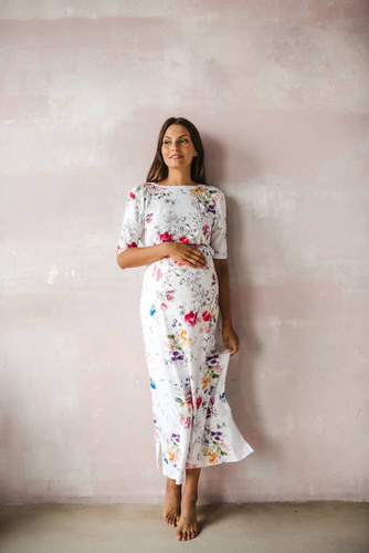 Two Ways LONG Sukienka do karmienia ciążowa krótki rękaw Milk&Love biała w kolorowe kwiaty