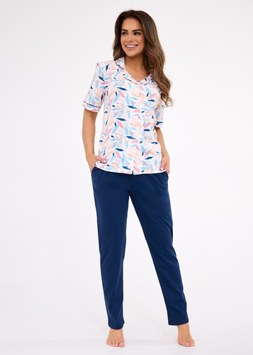Bawełniana piżama damska Anette 696/453 Cornette | Krótki rękaw, listki, długie spodnie z kieszeniami