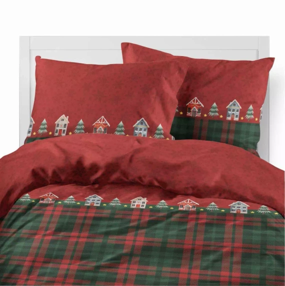 5619 A Magia Świąt Detexpol Pościel świąteczna flanelowa czerwona w domki i kratę– bawełna 100%, certyfikat OEKO-TEX®