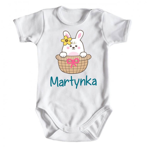 Body krótki rękaw "Wielkanoc – Zajączek w koszyczku z imieniem" Moocha biały