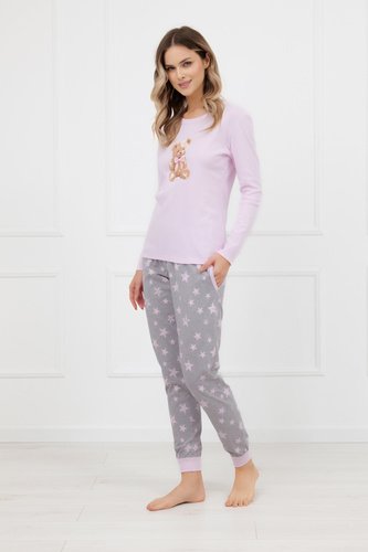 Bawełniana piżama damska Sara Italian Fashion różowa – komplet z długim rękawem i spodniami