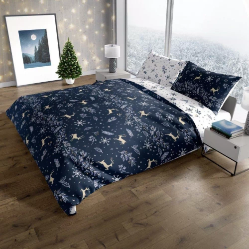 Scandic 068 Scandic Faro biała granatowa renifery  – pościel świąteczna dwustronna, bawełna 100%, komplet 
