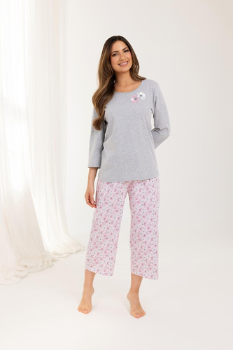 Damska piżama bawełniana Regina 711 szary – rękaw 3/4, rybaczki, klasyczna i wygodna