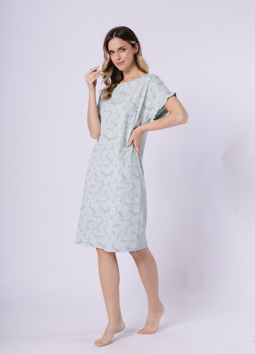 Bawełniana koszula nocna damska Elif 1728 – 100% bawełna, krótki rękaw z falbanką, wygodna koszula nocna przed kolano na lato