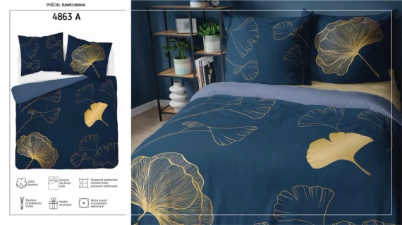 Pościel bawełniana 4863 A Holland liście miłorzębu Detexpol granatowy