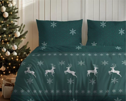 5621 B Magia Świąt Detexpol Pościel świąteczna flanelowa zzielona w renifery i śnieżynki– bawełna 100%, certyfikat OEKO-TEX®