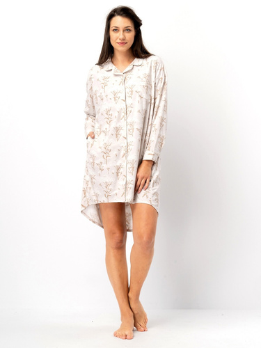 Koszula nocna Key LND 567 beżowa– elegancka, długi rękaw, guziki, poliester